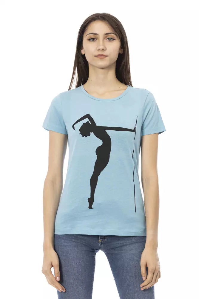 Woman wearing blue t-shirt with black silhouette of ballerina on front