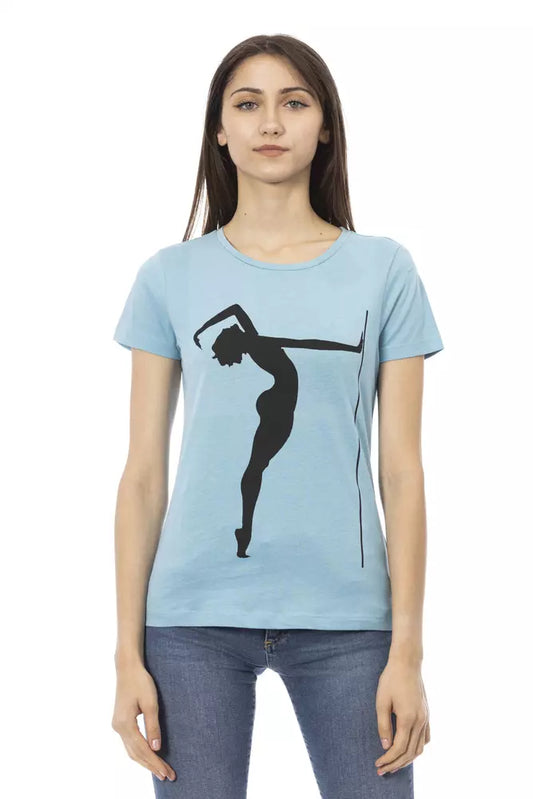 Woman wearing blue t-shirt with black silhouette of ballerina on front