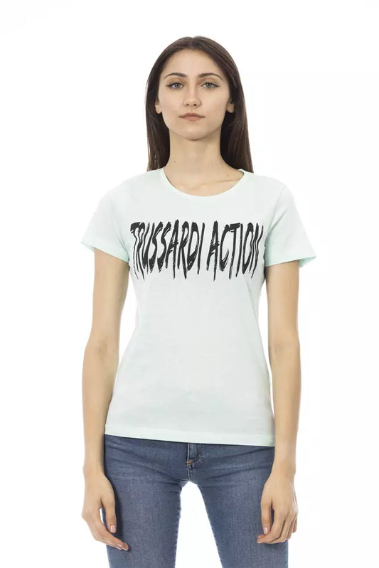 Woman wearing white t-shirt with black lettering