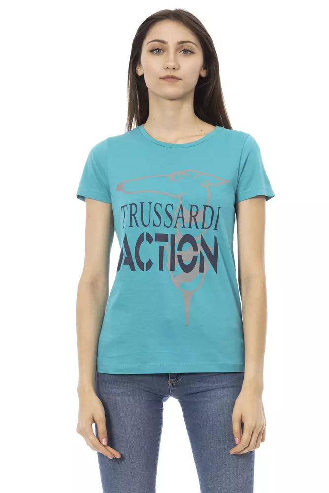 Woman wearing blue t-shirt with white lettering