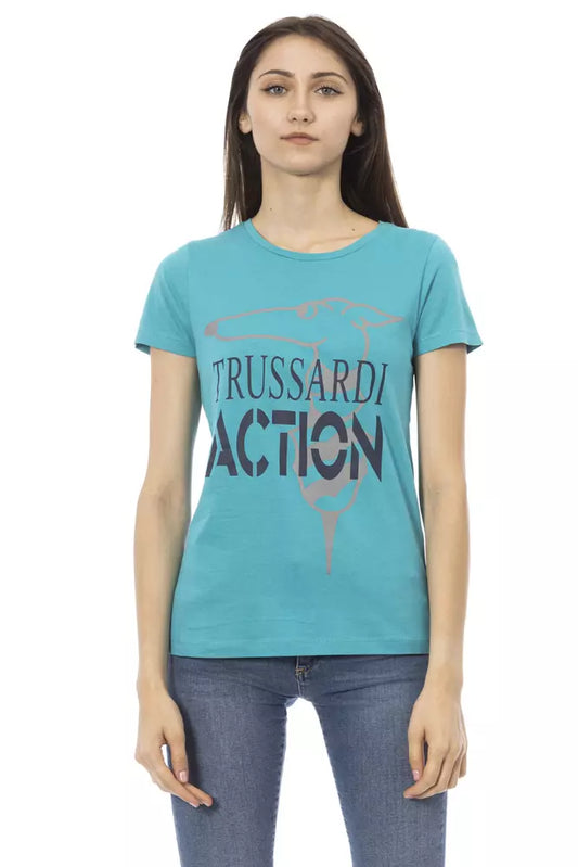 Woman wearing blue t-shirt with white lettering