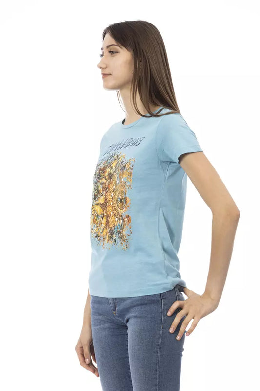 Woman wearing blue t-shirt with graphic design on front