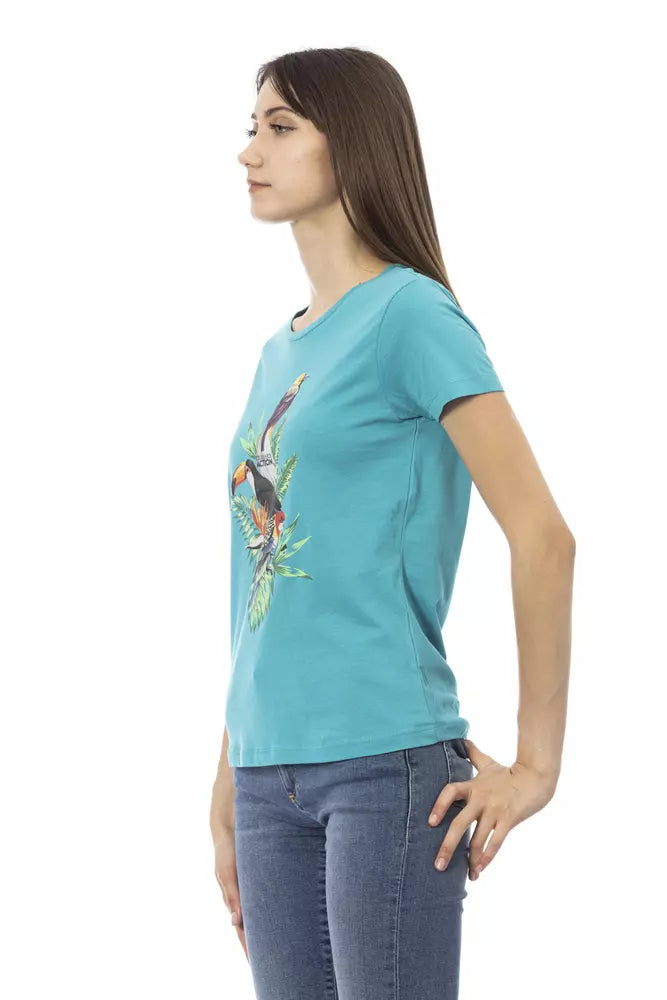Woman wearing blue t-shirt with graphic design on front