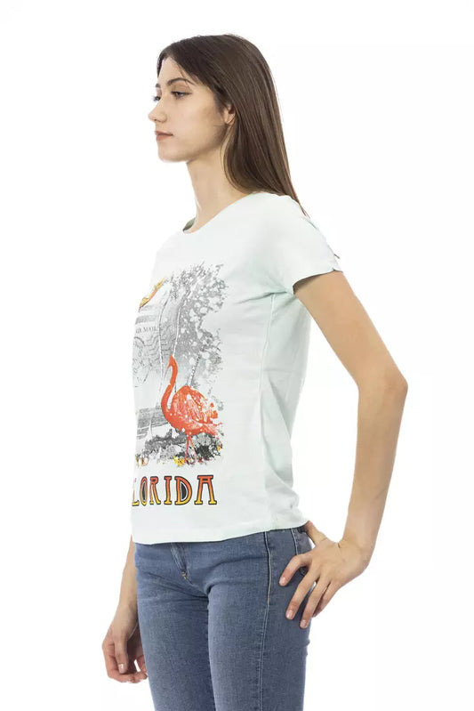 A light blue cotton women's t-shirt with a graphic design on the front