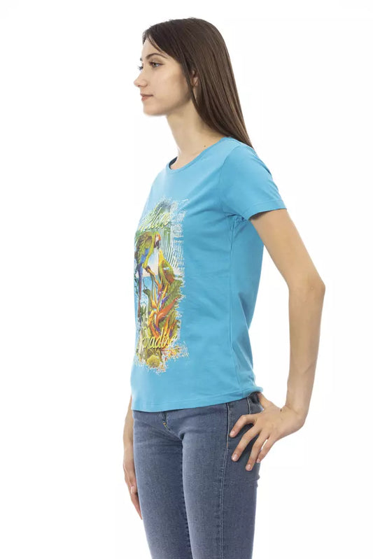 A light blue women's t-shirt with a graphic design on the front