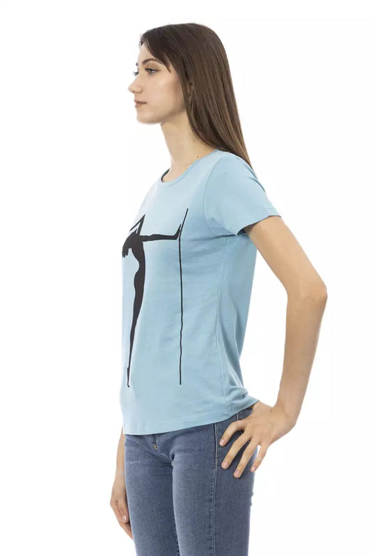 Woman wearing blue t-shirt with graphic design on front