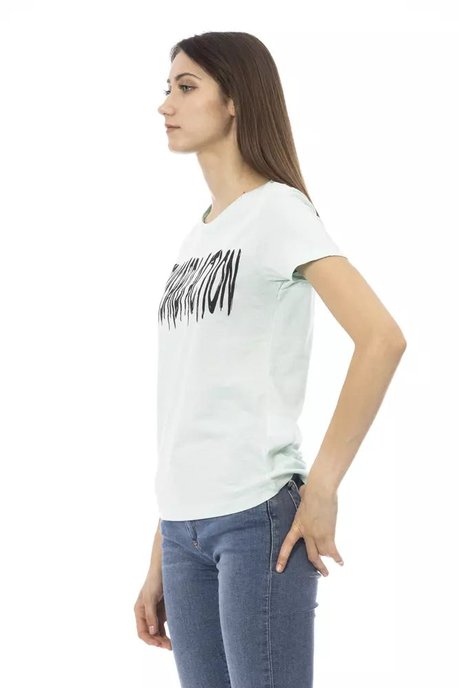 Woman wearing white t-shirt with black lettering