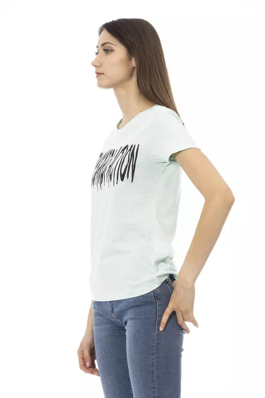 Woman wearing white t-shirt with black lettering