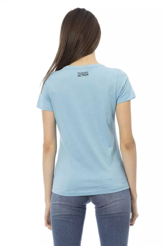 Woman wearing blue t-shirt