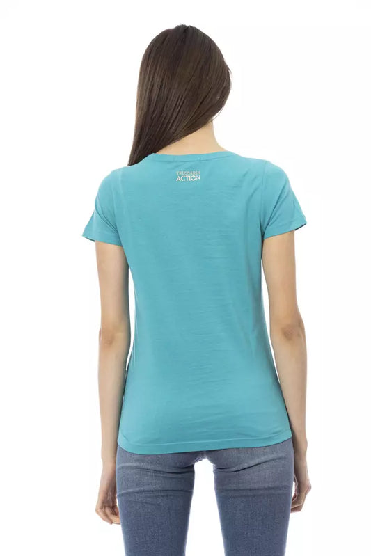 Woman wearing blue t-shirt