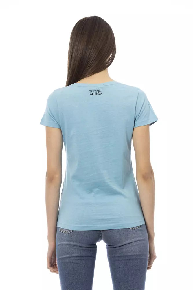 Woman wearing blue short sleeve shirt