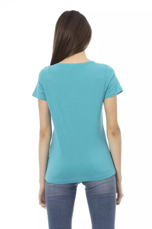 Woman wearing blue t-shirt