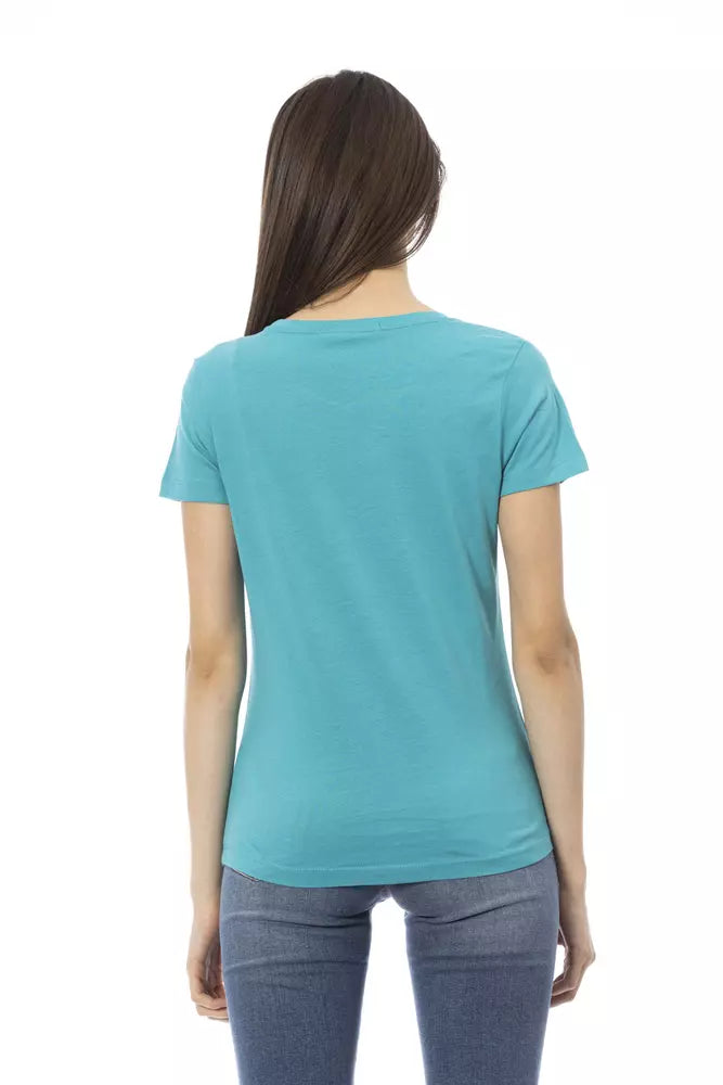Woman wearing blue t-shirt