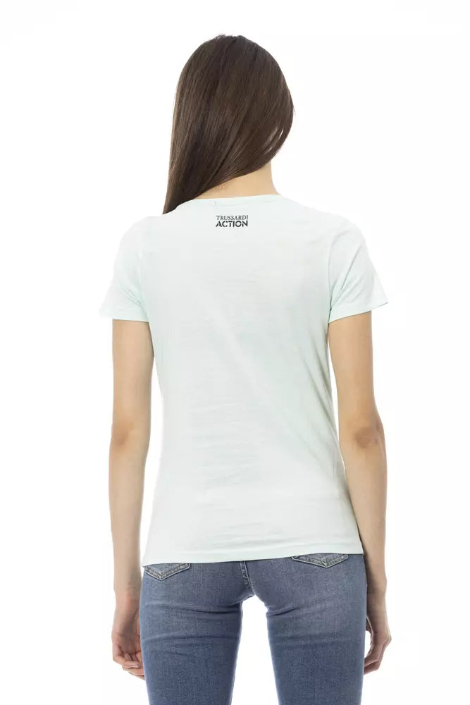 A light blue cotton women's t-shirt with a trussardi logo on the back