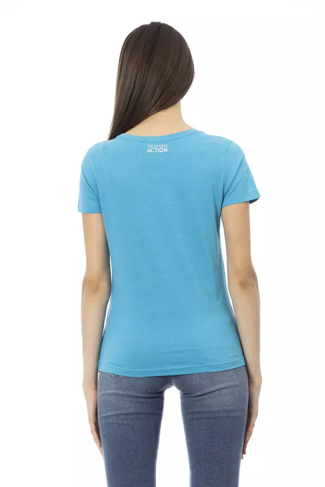 A light blue women's t-shirt with a logo on the back