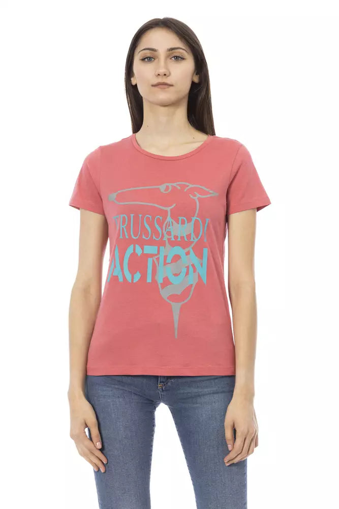 Woman wearing red t-shirt with graphic design