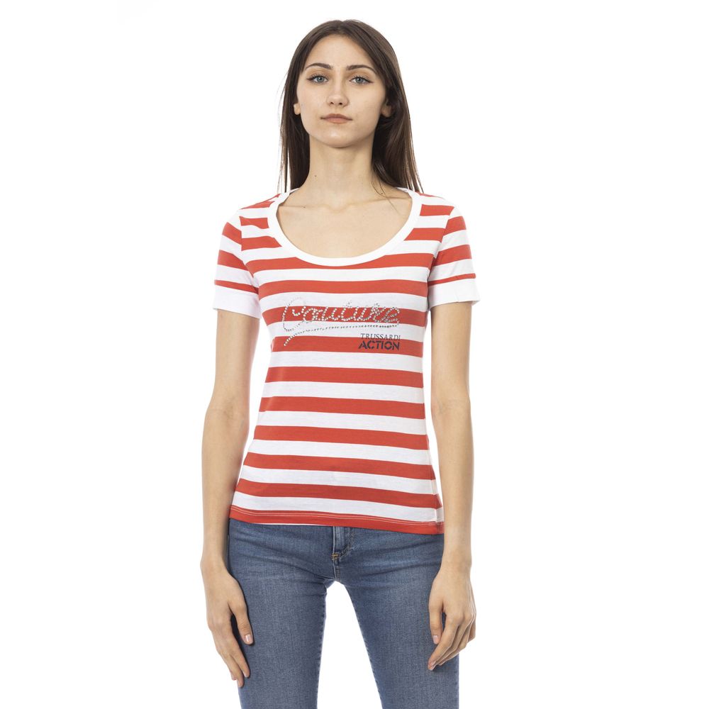 Red and white striped t-shirt on a woman