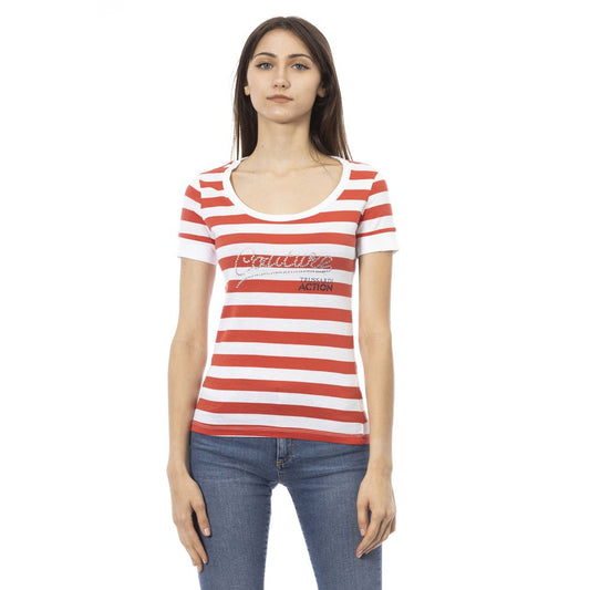 Red and white striped t-shirt on a woman
