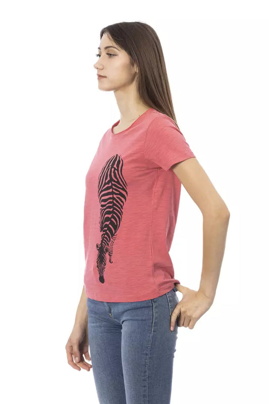 Red t-shirt with graphic design on front