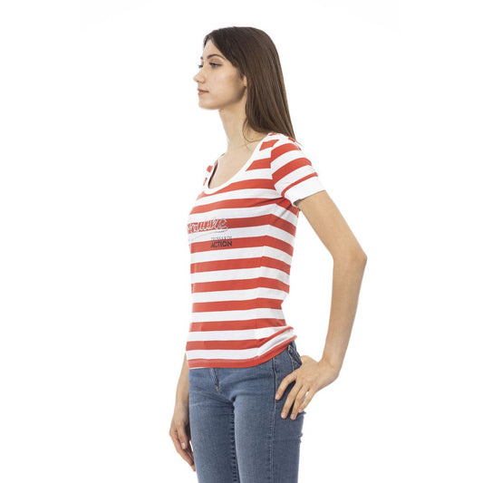 Woman wearing red and white striped shirt