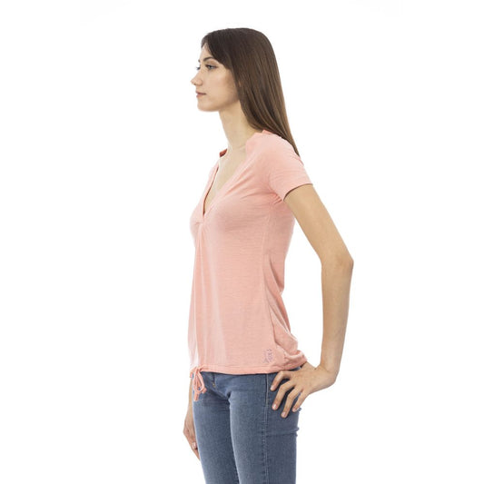 Pink women's t-shirt with short sleeves, round neckline and a slight V-neck