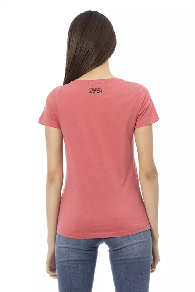 Red short sleeve t-shirt on a woman's back