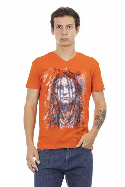 Man wearing orange t-shirt with artwork on front