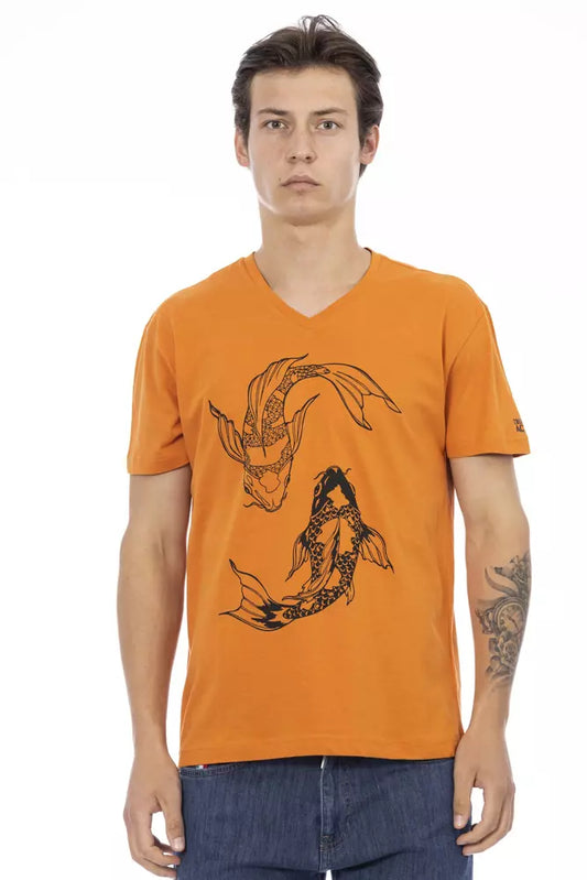 Man wearing orange t-shirt with graphic design