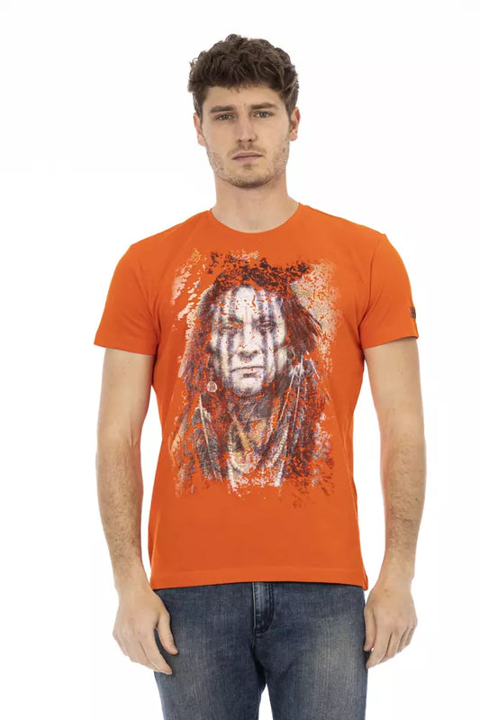 Man wearing orange t-shirt with graphic design