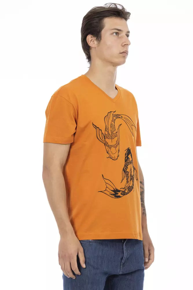 Man wearing orange t-shirt with graphic design