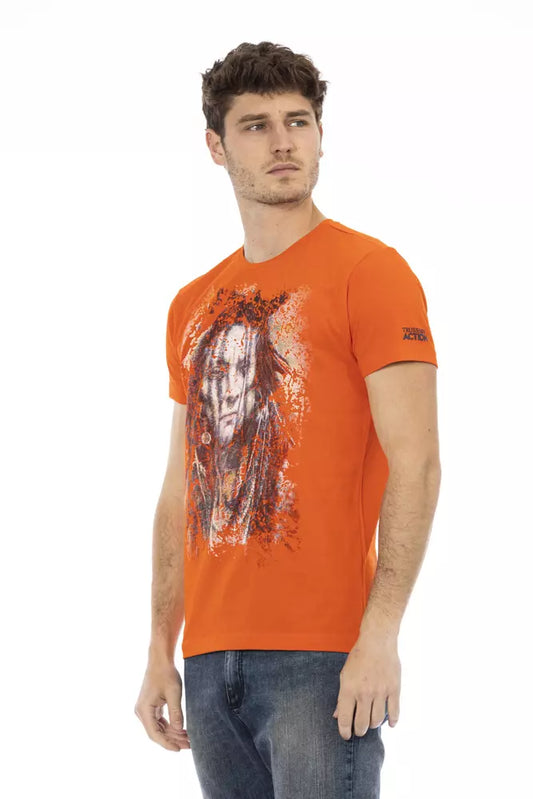 Man wearing orange t-shirt with graphic design
