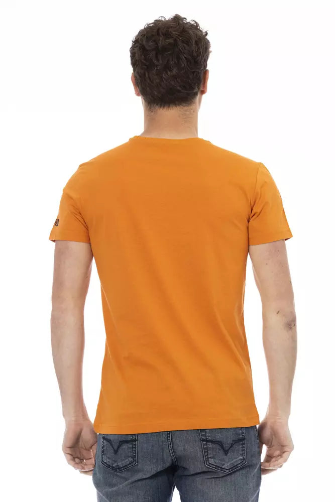 A men's orange cotton t-shirt with short sleeves and a crew neckline