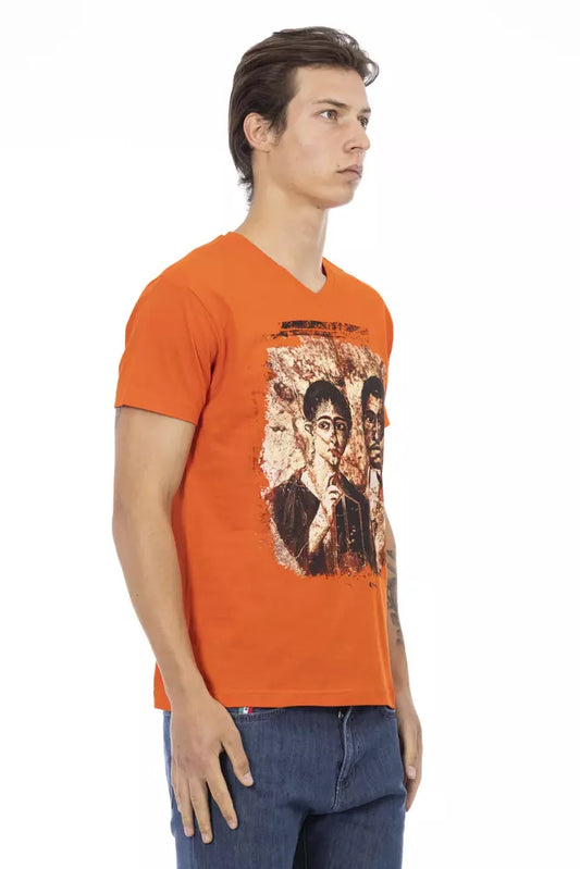 Man wearing orange t-shirt with graphic print on front