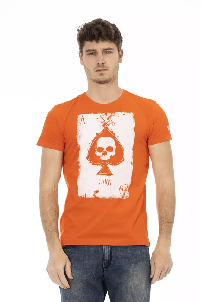 Man wearing orange t-shirt with graphic design on front