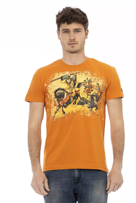 Man wearing orange t-shirt with graphic design