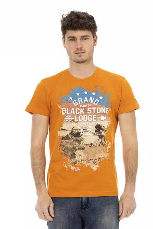 Man wearing orange t-shirt with black print