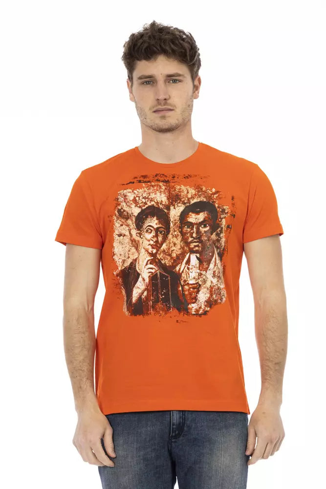 Man wearing orange t-shirt with graphic print
