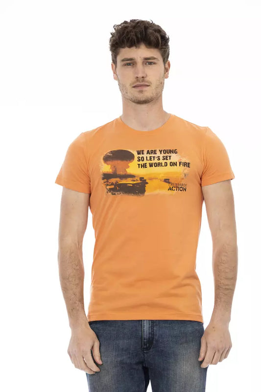 Man wearing orange t-shirt with graphic design