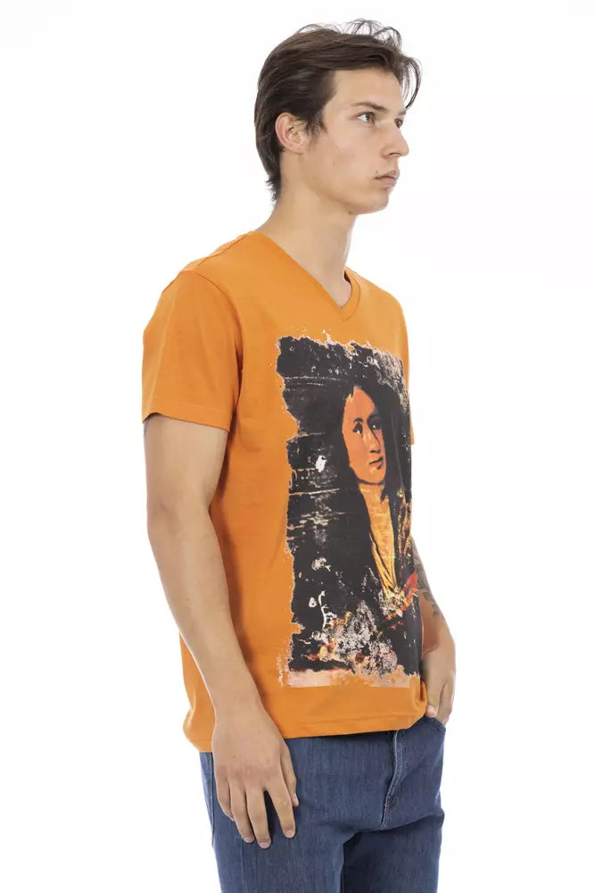 Man wearing orange t-shirt with graphic design