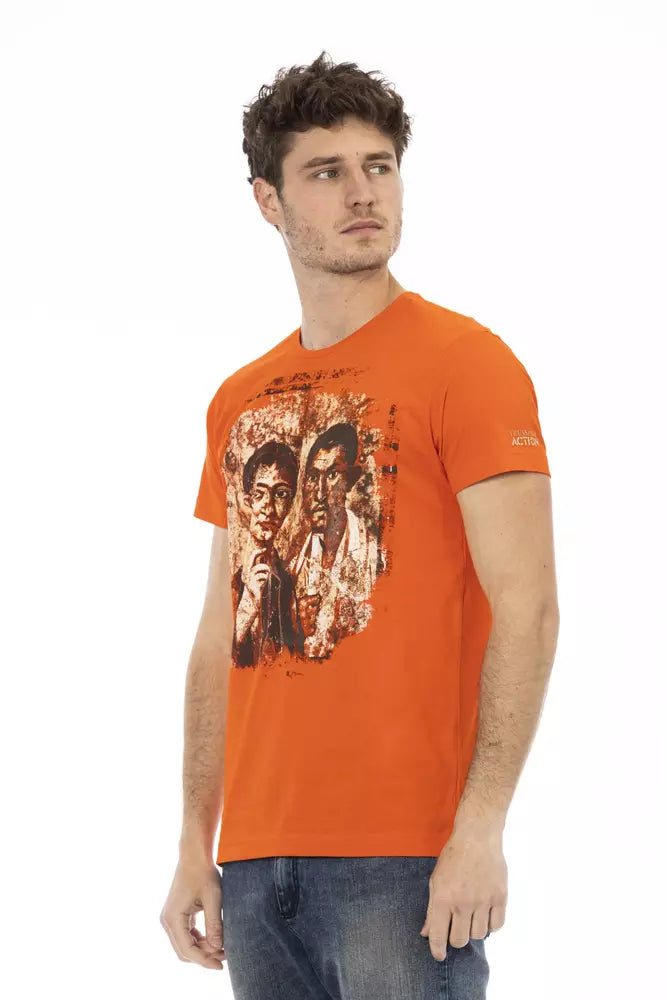 Man wearing orange t-shirt with graphic print