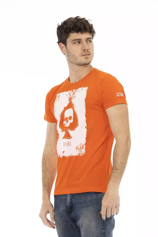 Man wearing orange t-shirt with graphic design on front