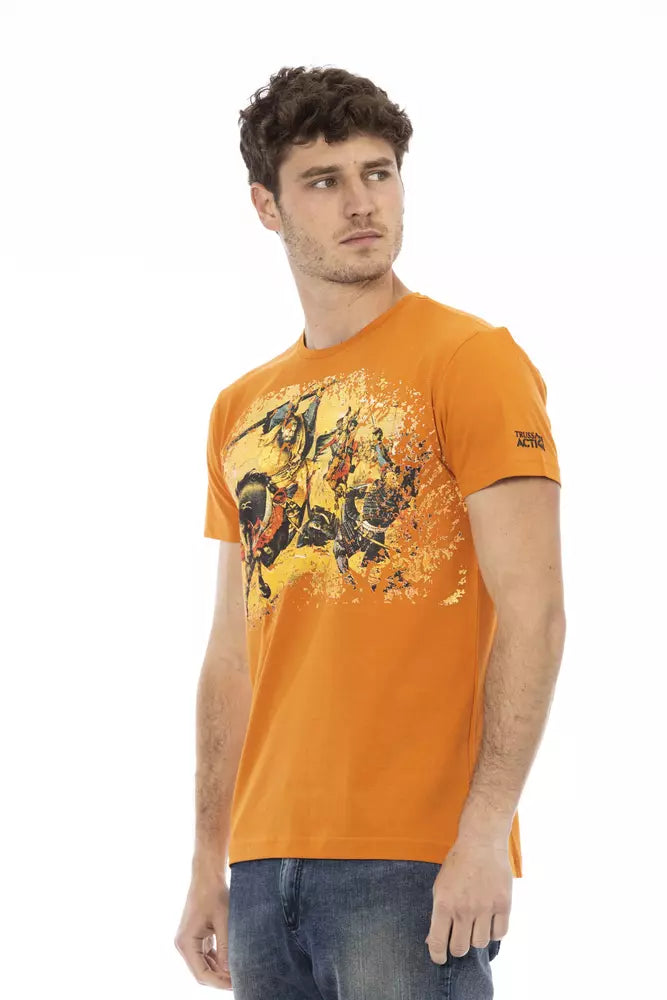 Man wearing orange graphic t-shirt