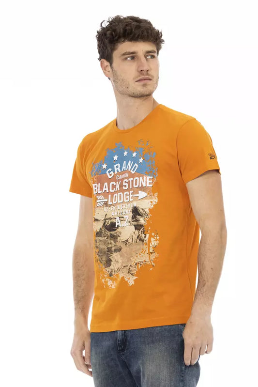 Man wearing orange t-shirt with graphic design