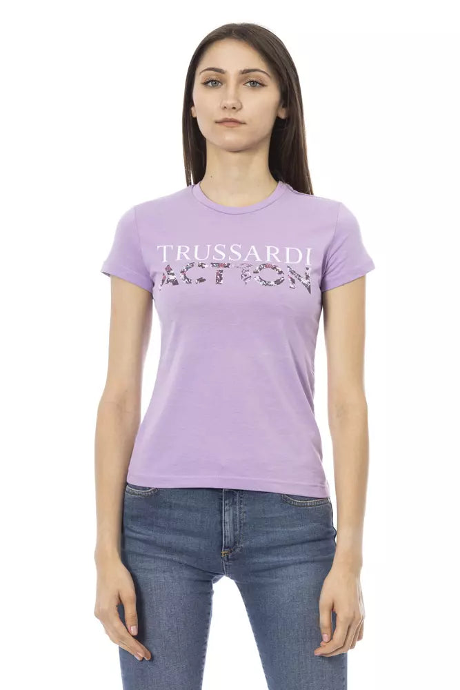 Purple t-shirt with white lettering