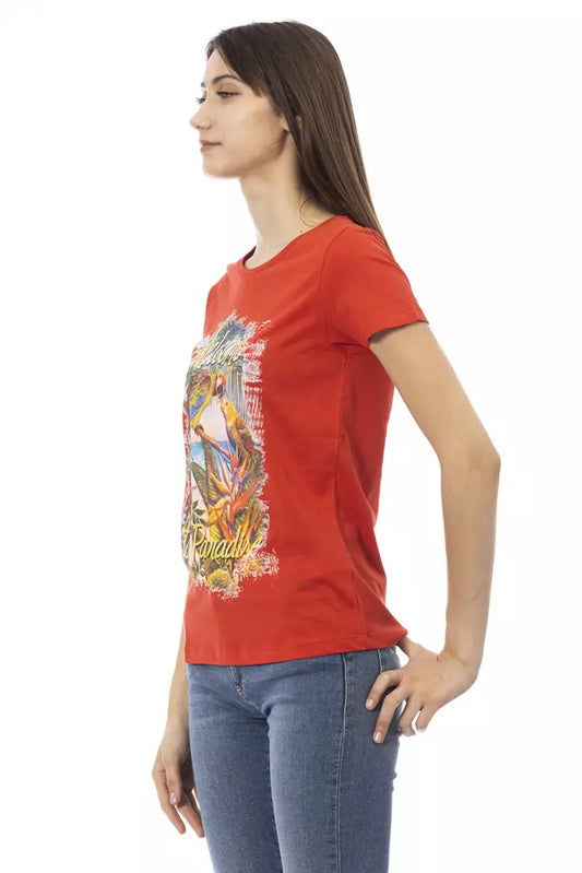 A red cotton women's t-shirt with a graphic design on the front