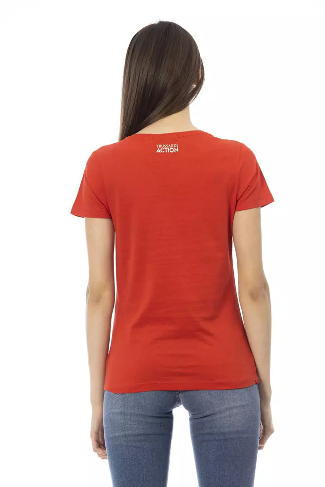 A red cotton women's t-shirt with a logo on the back