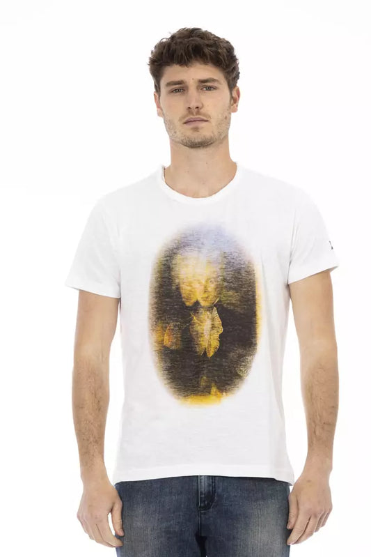 Man wearing white t-shirt with graphic design on front
