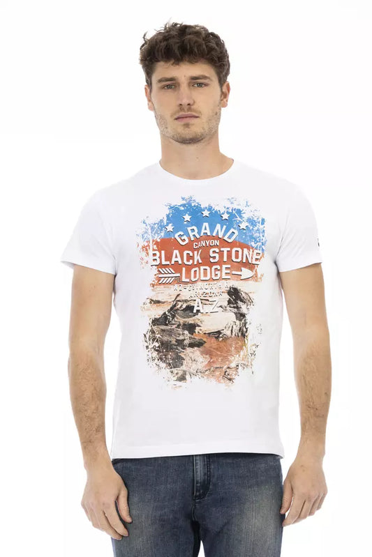 Man wearing white t-shirt with graphic design