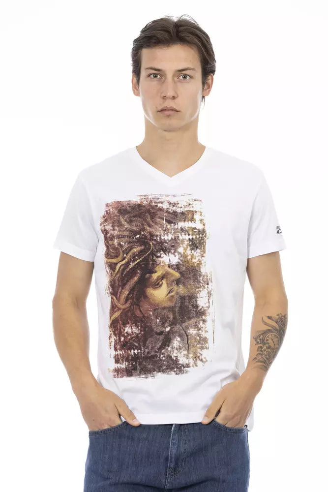 Man wearing white t-shirt with graphic design on front