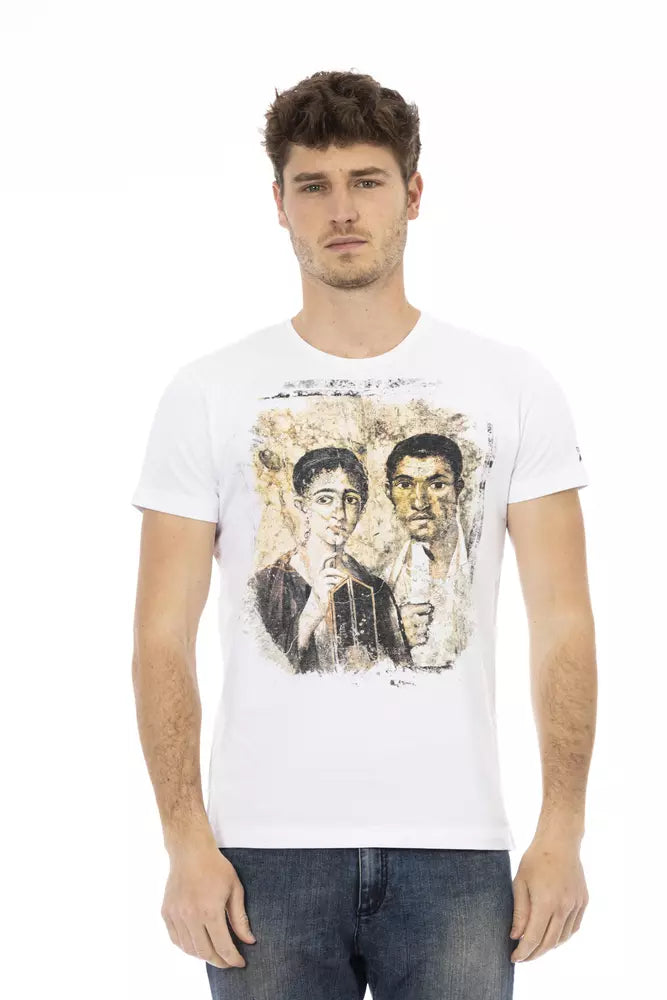 Man wearing white t-shirt with graphic print